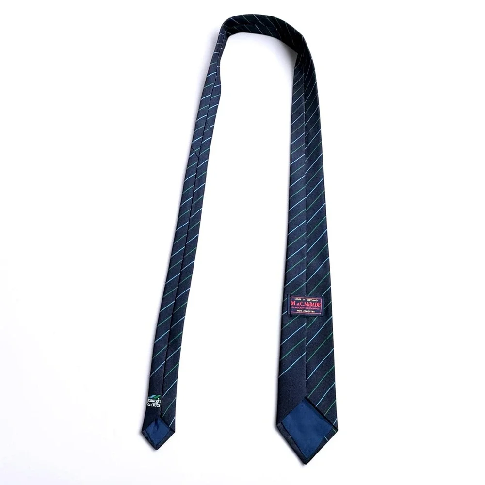 M.&C. McDade Glasgow Mens Tie Navy Blue Green Striped Langbaurgh on Tees Logo‎